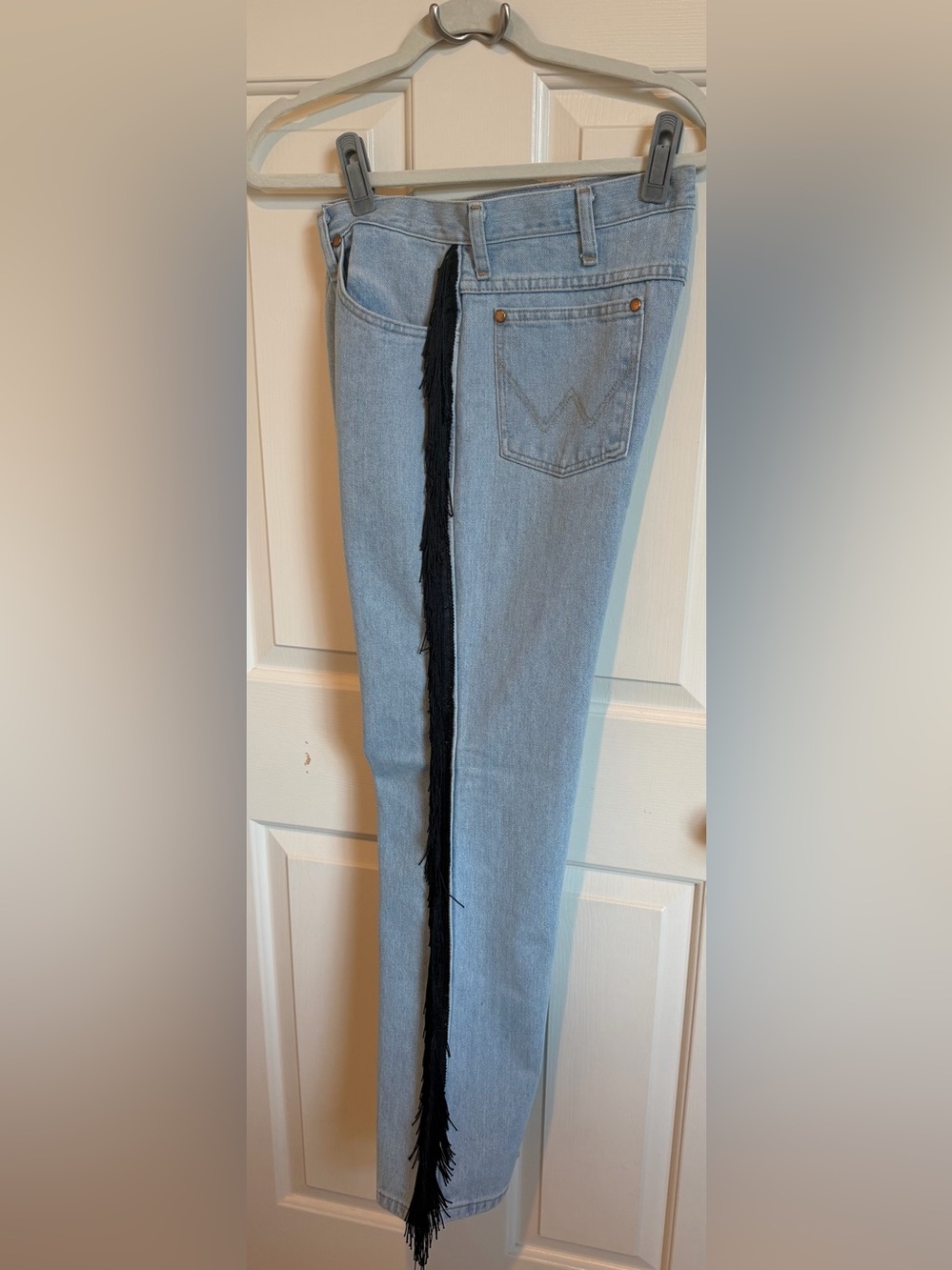 EUC Upcycled Wranglers Light Blue Jeans with Black  Side Fringe Size 34/30